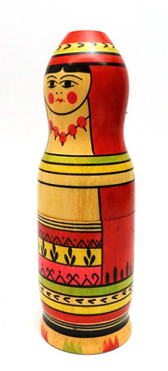Mordva (Мордовия) Matryoshka Small Bottle Case, or Holder. This vintage small bottle case, or box, is uncommon in our experience.  Named "Erzyanka", it was produced at the Meltsan Woodworking plant. "Made in USSR" stamp on the bottom. 1980s. In Mordovia, the matryoshka appeared at the Meltsansky district industrial complex. In order to make the dolls, Meltsan workers - who were  soon to become proficient skilled craftspeople - needed to find suitable materials, construct production technology, and to train artists, who were taught by Semyonov and Sergiev Posad artists.