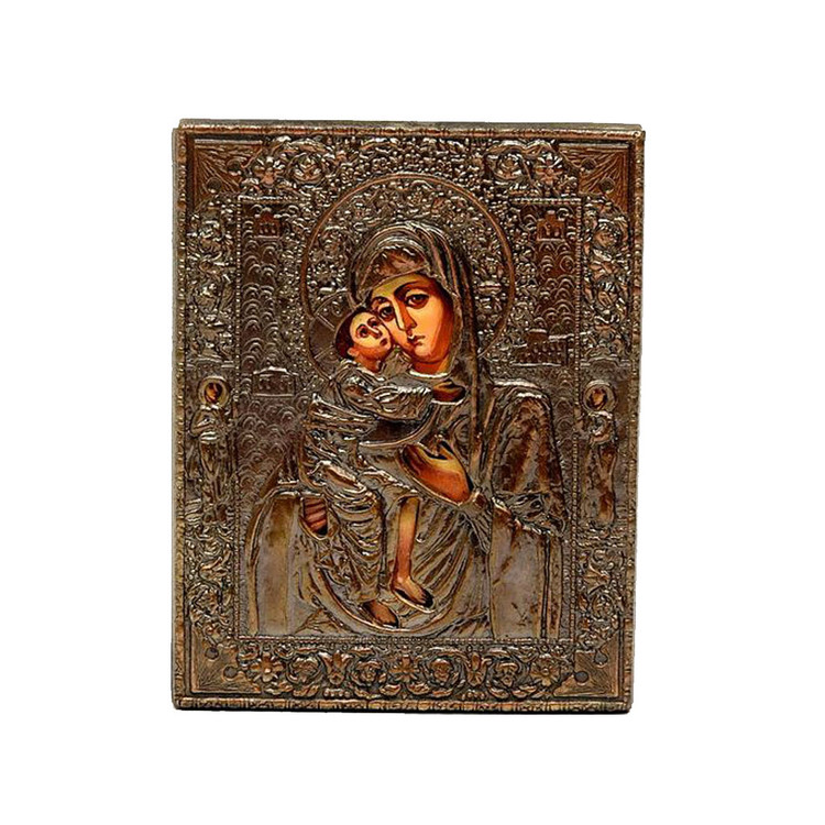 Vladimirskaya Mother of God  Hand Painted Icon with a wood back and a metal cover