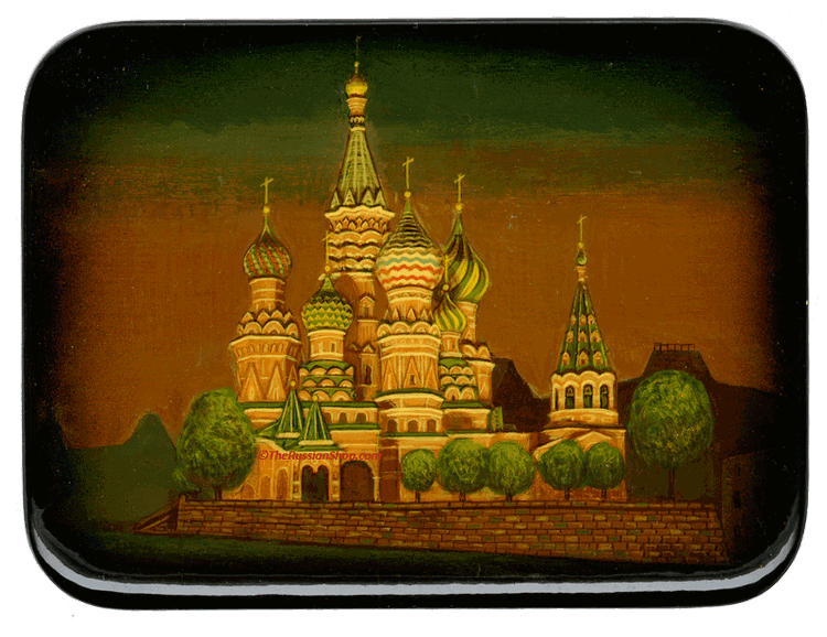 St. Basil's Cathedral (Собор Св.  Блаженнаго Василия). Built on Moscow's Red Square by order of Ivan IV, to commemorate the capture of Kazan and Astrakhan, and completed around 1561. Expertly painted and signed by the artist (in Russian) on the back. Russia, 1993. 7"x5"