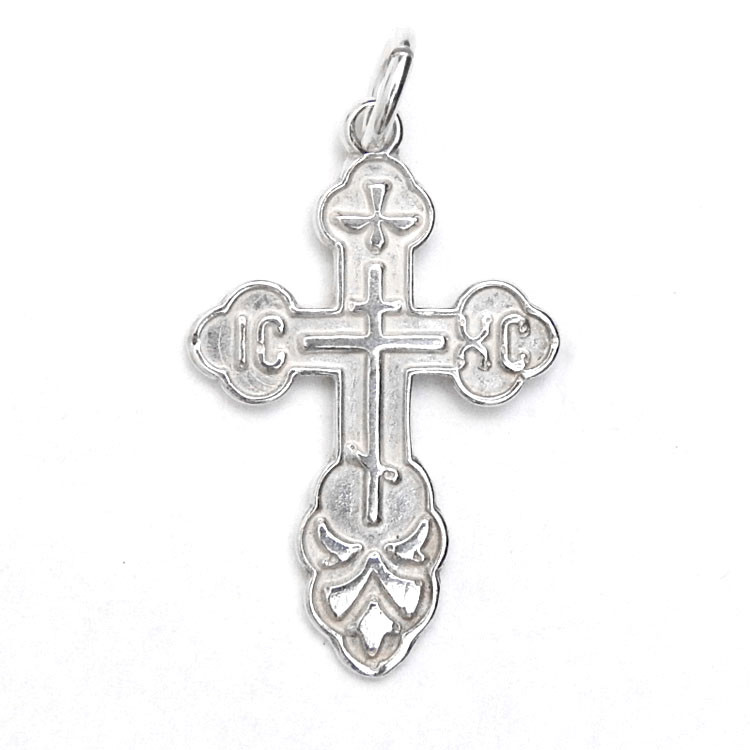 St. Olga Sterling Silver Russian Orthodox Cross. Traditional high-relief design. The initials for Jesus Christ, IC XC, and a descending dove, symbolizing the Holy Spirit. With the short prayer on the back: "Спаси и Сохрани" (Save and Protect). 1" (25mm) Sterling silver, cast by hand in small batches using the lost wax method. Elegantly gift boxed. St. Olga Sterling Silver Russian Orthodox Cross. Traditional high-relief design. The initials for Jesus Christ, IC XC, and a descending dove, symbolizing the Holy Spirit. With the short prayer on the back: "Спаси и Сохрани" (Save and Protect). 1" (25mm) Sterling silver, cast by hand in small batches using the lost wax method. Elegantly gift boxed.