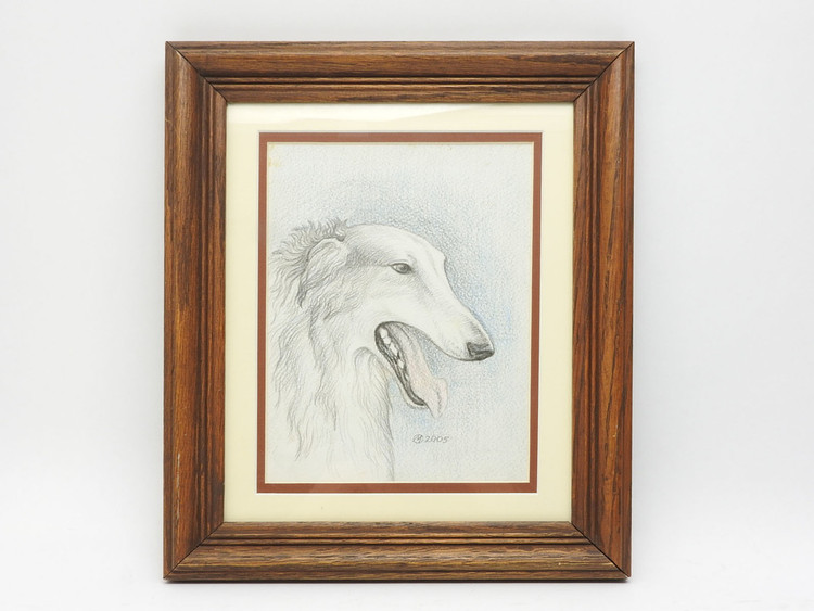 Colored pencil drawing of a Russian wolfhound, Borzoi, by Russian artist O. Matsko. Matted under glass. 10 x 12" overall. Frame has minor imperfections. Possible reflections of studio lights visible in the glass.