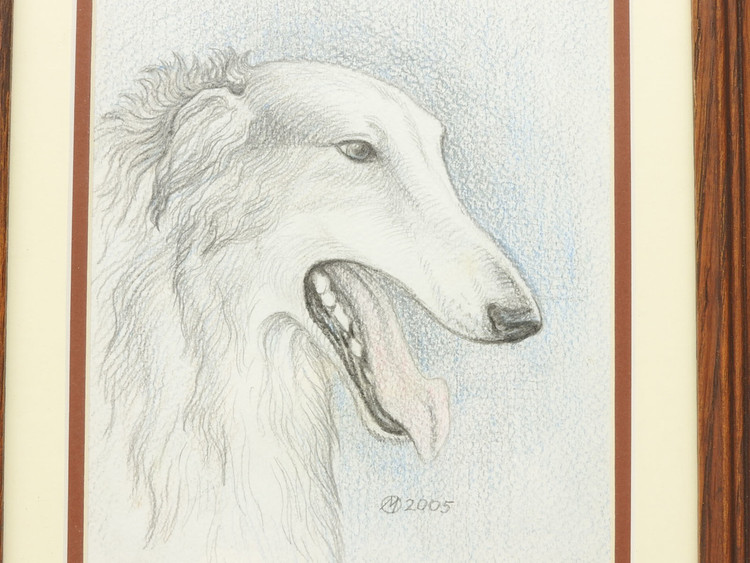 Colored pencil drawing of a Russian wolfhound, Borzoi, by Russian artist O. Matsko. Matted under glass. 10 x 12" overall. Frame has minor imperfections. Possible reflections of studio lights visible in the glass.