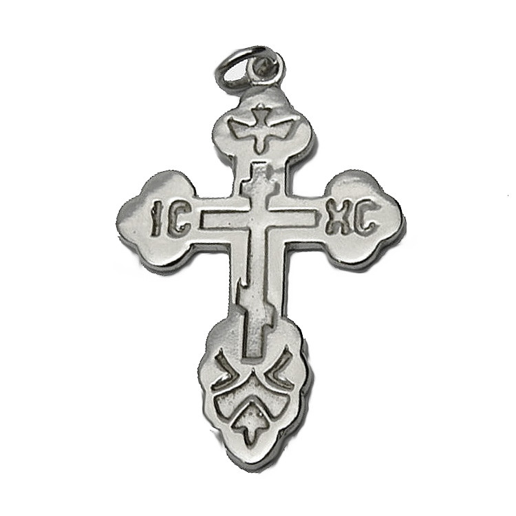 Sterling Silver Russian Orthodox Cross. Traditional design: the initials for Jesus Christ, IC XC, and a descending dove.  1¼" (33mm) Sturdy (not thin), hand cast in small quantities using the lost wax method. Perfect for an adult baptism.