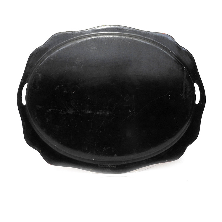 Antique Painted Tray "Bouquet on red background". Zhostovo Work Artel, circa 1930. Painted flowers on a tin tray. The history of Zhostovo arts and crafts (Жостовская роспись) dates back to the early 19th century. Its roots align with painted lacquered objects on papier-mache and Ural Tagil flower painting, which appeared earlier in the 18th century. In 1922 «Novosel'tsevo work artel» was founded in Novosel'tsevo in the Podmoskovye region, which made lacquered metal trays. In 1924 "Zhostovo work artel" and "Spetskustar" were also founded there and in 1925 two more, "Lakirovshik" and "Svoy trud". In 1925, all of them were combined into one artel "Metallopodnos". Today, it is named The Zhostovo Factory of Decorative Painting (Жостовская фабрика декоративной росписи).  Marked "Made in the Soviet Union" in white lettering at the bottom of the back of the tray.