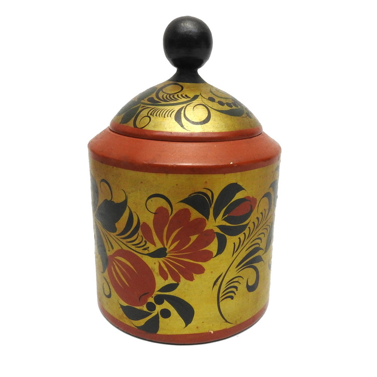 "Postavok" ("Поставок"). Hand carved and painted jar with a lid and knob. Classic "travka with berries" decorations. Semenov factory, 1960s