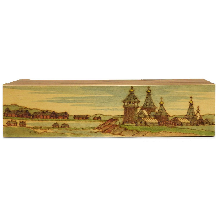 Country Church Ensemble Decorated Box. An unusual long hinged footed box decorated with an idyllic countryside landscape with wooden churches, bell tower and houses. The scene is more than likely of the Arkhangelsk Region in the Russian North, perhaps the Pochozersky church complex or from the Lyadny.