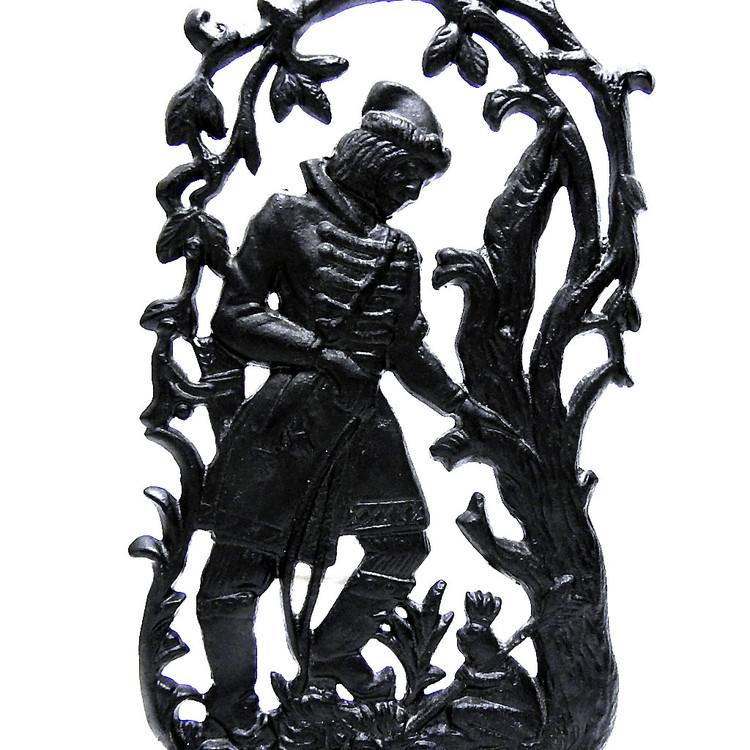 Frog Princess Openwork Relief (Плакетка Сквозной рельеф Царевна Лягушка Касли). Cast iron (Dutch soot). Matte black color. Made in the 1980s. Model was created by artist and sculptor V. M. Filippov (1939-1989). 8¼" in height, 4¼" width. Weighs 12½ oz. 1 only, as shown.  Nicely detailed lost-wax casting from the Kasli Iron Works in Yekaterinburg (Ekaterinburg) in the Ural Mountains, Russia. This significant mountain ridge forms the border between Europe and Asia. Kasli casting (named after the town of Kasli) is a metallurgical and metal-working plant which arose on the banks of the river Iset ( Исеть), and was one of the best of its kind in its day.