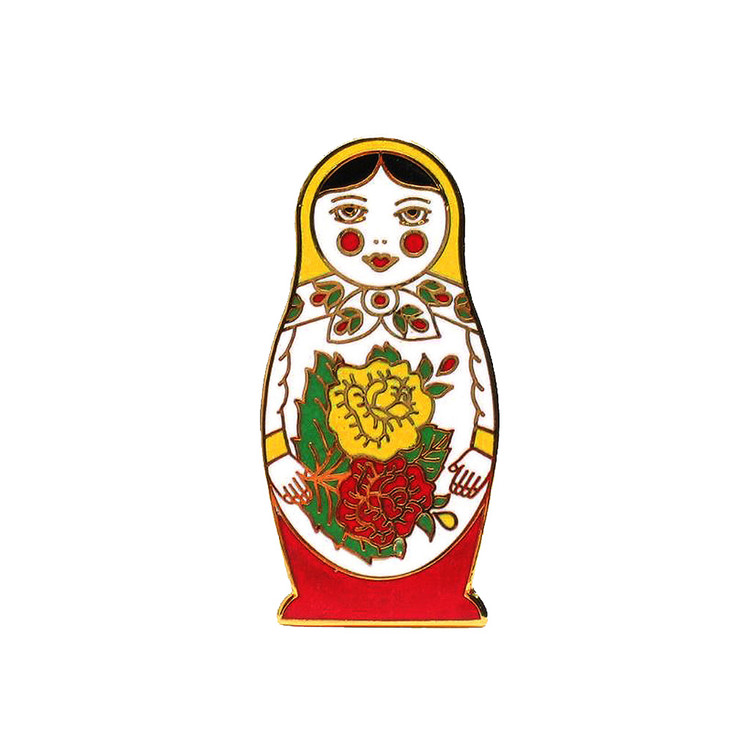 Semenov Matryoshka Doll Enamel Pin. Bright enamel pin depicting the most well-known and popular of Russian nesting doll designs. High quality, 1½".