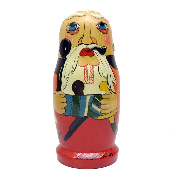 Zaporozhian Cossacks (Запорожские казаки). A unique mixed media matryoshka with high relief texture enhancements. The first doll has a raised pipe, forelocks, earring and braid as well as a ladybug on the back. Other dolls all have some texture, including traditional head wear, a distinctive mustache on the second doll, plus silver crosses on all four.  The Zaporozhian Cossacks lived downstream from the Dnieper Rapids. They were predominantly Ruthenians, and played an important role in the history of Ukraine. The Cossacks left a profound cultural, political and military legacy on Ukraine, Russia, Poland, Turkey and other states that came in contact with it.