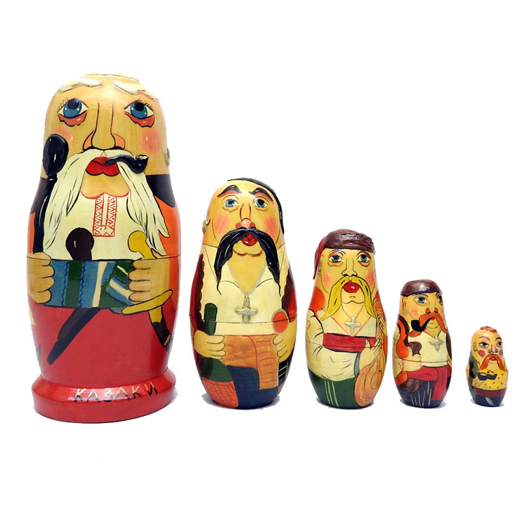 Zaporozhian Cossacks (Запорожские казаки). A unique mixed media matryoshka with high relief texture enhancements. The first doll has a raised pipe, forelocks, earring and braid as well as a ladybug on the back. Other dolls all have some texture, including traditional head wear, a distinctive mustache on the second doll, plus silver crosses on all four.  The Zaporozhian Cossacks lived downstream from the Dnieper Rapids. They were predominantly Ruthenians, and played an important role in the history of Ukraine. The Cossacks left a profound cultural, political and military legacy on Ukraine, Russia, Poland, Turkey and other states that came in contact with it.