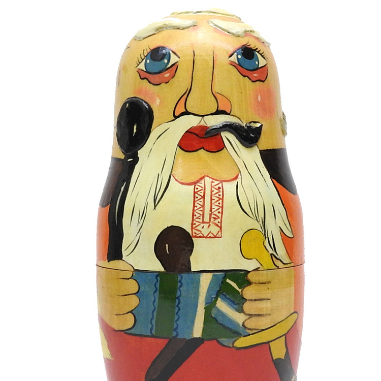 Zaporozhian Cossacks (Запорожские казаки). A unique mixed media matryoshka with high relief texture enhancements. The first doll has a raised pipe, forelocks, earring and braid as well as a ladybug on the back. Other dolls all have some texture, including traditional head wear, a distinctive mustache on the second doll, plus silver crosses on all four.  The Zaporozhian Cossacks lived downstream from the Dnieper Rapids. They were predominantly Ruthenians, and played an important role in the history of Ukraine. The Cossacks left a profound cultural, political and military legacy on Ukraine, Russia, Poland, Turkey and other states that came in contact with it.