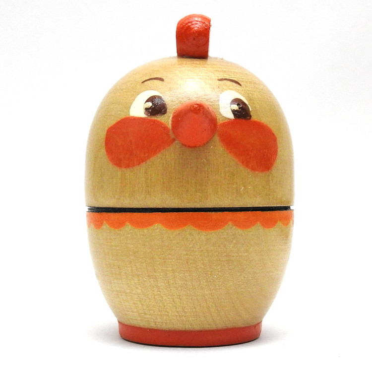 Salt Shaker "Kurochka Ryaba" ("Курочка Ряба"). An enchanted hen lays a golden egg for an elderly couple. They unsuccessfully attempt to open it. A mouse runs past the egg and with a swipe of its tail, breaks it. The old couple are shattered by this development, but Ryaba tells them: "Don't be sad, I'll lay a new egg, not one of gold, but a simple white one." The story is at least 150 years old and there are versions in Ukraine, Poland, Romania, Serbia and many other other cultures, including the Baltic and the Slovak cultures.  Tver, late 20th century. Painted wood. 3" in height.