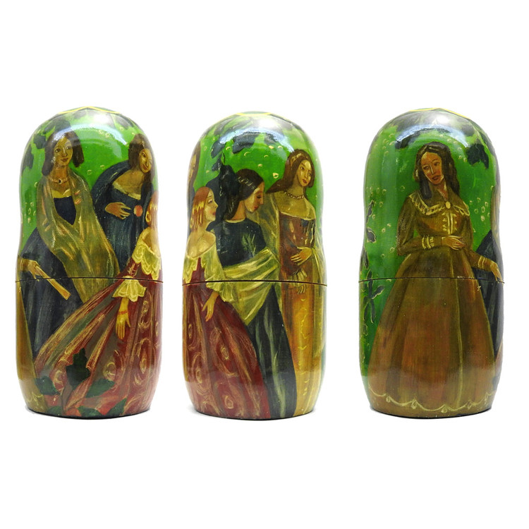 The Paintings of Victor Borisov-Musatov (Картины Виктора Борисова-Мусатова). A one-of-a-kind art doll that was painted and signed by the artist (O. Shepel) of Rostov on the Don and dated 1993. Each doll is illustrated "in the round" to show each painting completely. All the work was done by hand. Each doll is finished with a shiny coat of lacquer and the bottoms of each doll are painted in different shades of blue.The first doll (shown all four sides) is "Autumn Evening" (1904-05). The second doll is "Spring Tale" (1904-1905), a sketch for a panel. The third doll is "Emerald Necklace" (1903-1904). The rest are as follows: "Slumber Divine" (1904-05), a sketch for a panel; "The Pool" (1902); "Tapestry" (1901) and, finally, "Ghosts" (1903).