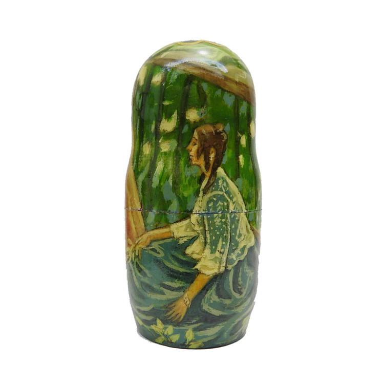 The Paintings of Victor Borisov-Musatov (Картины Виктора Борисова-Мусатова). A one-of-a-kind art doll that was painted and signed by the artist (O. Shepel) of Rostov on the Don and dated 1993. Each doll is illustrated "in the round" to show each painting completely. All the work was done by hand. Each doll is finished with a shiny coat of lacquer and the bottoms of each doll are painted in different shades of blue.The first doll (shown all four sides) is "Autumn Evening" (1904-05). The second doll is "Spring Tale" (1904-1905), a sketch for a panel. The third doll is "Emerald Necklace" (1903-1904). The rest are as follows: "Slumber Divine" (1904-05), a sketch for a panel; "The Pool" (1902); "Tapestry" (1901) and, finally, "Ghosts" (1903).