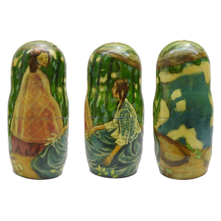 The Paintings of Victor Borisov-Musatov (Картины Виктора Борисова-Мусатова). A one-of-a-kind art doll that was painted and signed by the artist (O. Shepel) of Rostov on the Don and dated 1993. Each doll is illustrated "in the round" to show each painting completely. All the work was done by hand. Each doll is finished with a shiny coat of lacquer and the bottoms of each doll are painted in different shades of blue.The first doll (shown all four sides) is "Autumn Evening" (1904-05). The second doll is "Spring Tale" (1904-1905), a sketch for a panel. The third doll is "Emerald Necklace" (1903-1904). The rest are as follows: "Slumber Divine" (1904-05), a sketch for a panel; "The Pool" (1902); "Tapestry" (1901) and, finally, "Ghosts" (1903).