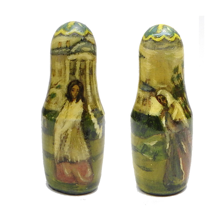 The Paintings of Victor Borisov-Musatov (Картины Виктора Борисова-Мусатова). A one-of-a-kind art doll that was painted and signed by the artist (O. Shepel) of Rostov on the Don and dated 1993. Each doll is illustrated "in the round" to show each painting completely. All the work was done by hand. Each doll is finished with a shiny coat of lacquer and the bottoms of each doll are painted in different shades of blue.The first doll (shown all four sides) is "Autumn Evening" (1904-05). The second doll is "Spring Tale" (1904-1905), a sketch for a panel. The third doll is "Emerald Necklace" (1903-1904). The rest are as follows: "Slumber Divine" (1904-05), a sketch for a panel; "The Pool" (1902); "Tapestry" (1901) and, finally, "Ghosts" (1903).