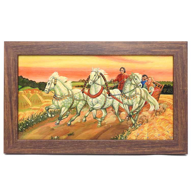 The galloping troika of dapple-greys takes the turn a bit tight. The newlyweds begin their journey together. A tranquil red and yellow sky completes the mood. Painted in Russia and mounted inside a simple wooden frame. About 16" x 10".