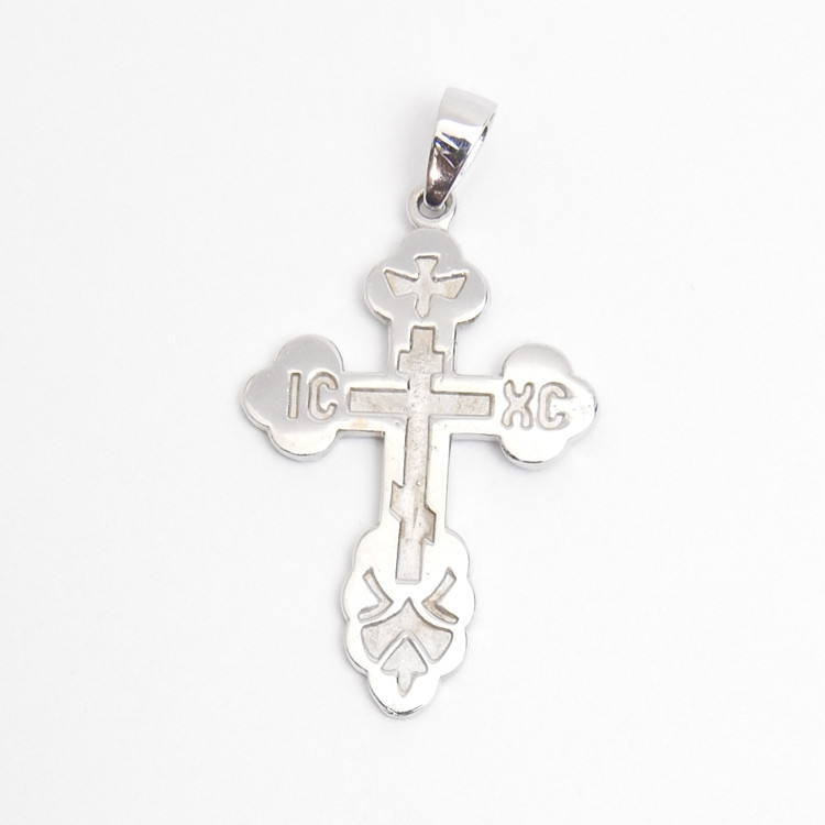 14Kt White Gold Orthodox Cross (Православный Крест). Traditional design: the initials for Jesus Christ, IC XC, and a descending dove. Short prayer on the back: Спаси и Сохрани (Save and Protect). 1¼" (33mm) Sturdy (not thin).