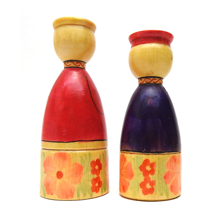 Musician Boy Boxes, pair. One plays a balalaika, the other a bayan. These are scarce in our experience, as we've only seen this pair. No labels. Either Semenov or Kirov factory production, circa 1970s.