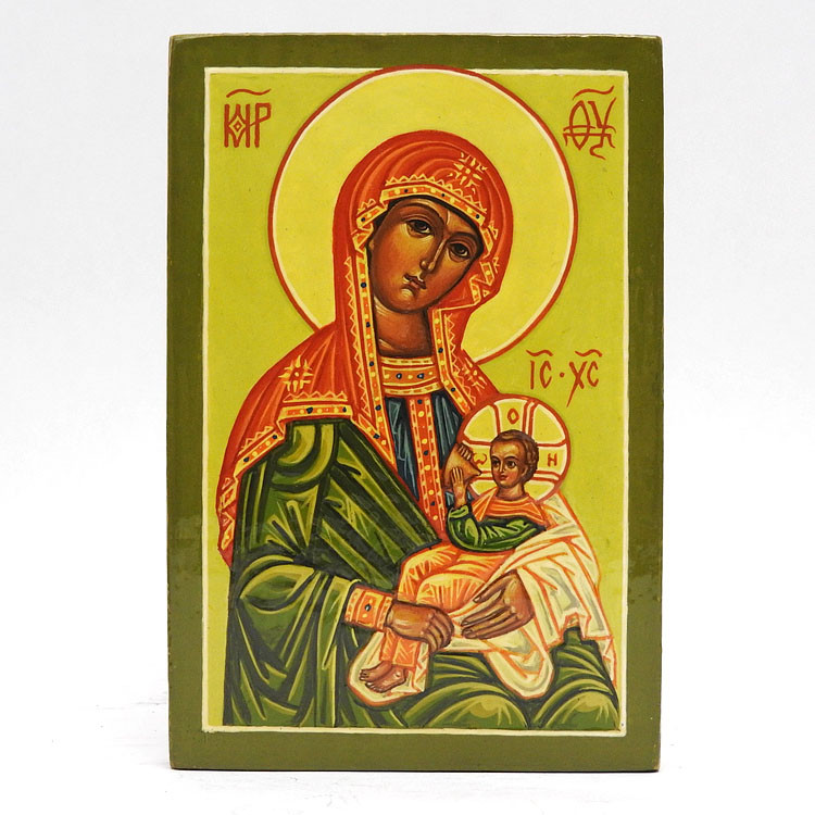 The Icon of the Virgin “Galaktotrophousa” (Γαλακτοτροφουσα, which means “The Milk-Giver”) is a rare and unique depiction of the Mother of God. She goes by a great many names: Nursing Mother of God, Virgin Lactans, as well as Икона Богородице Млекопитатељнице (in Serbian). The icon resided for many centuries in the Holy Lavra of St. Sabas (Mar Saba), an ancient Greek Orthodox monastery near Bethlehem and Jerusalem. Holy Monastery of Hilandar, the Serbian Monastery of Mount Athos, houses the Panagia Galaktotrofousa, as well as the Panagia Tricherousa ("Three-Handed Theotokos"). The Milk-Giver Icon is in the Iconostasis of Hilandar’s church.