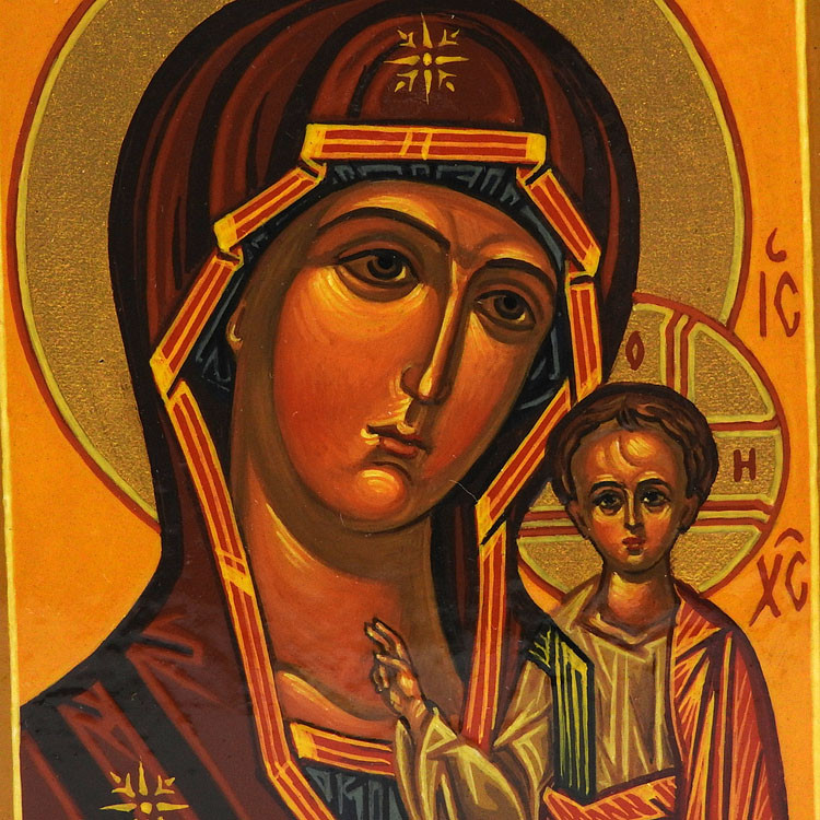 The Mother of God of Kazan is a combination of feminine sweetness and saddened tenderness emphasizing the gravity of what is to be. Her head bows slightly in the direction of Christ, who stands upright and faces the viewer, while bestowing a blessing. Inscriptions are "Jesus Christ", "Mother of God", "He who is", all Greek abbreviations. The Kazan Mother of God is historically notable through several miracles and played a major historical role in Russia's destiny. The original icon was carried by Prince Dmitry Pozharsky (1577-1642) into battle. It made its apparition in 1579 in Kazan, the capital of a Tartar khanate, where, at the time, half the city was being destroyed by fire. A special church was built in Kazan in 1679, but the icon took up residence in Moscow. had been kept in Moscow. The icon then moved to St. Petersburg where it was installed in the Kazan Cathedral on Nevsky Prospect in the center of the city.