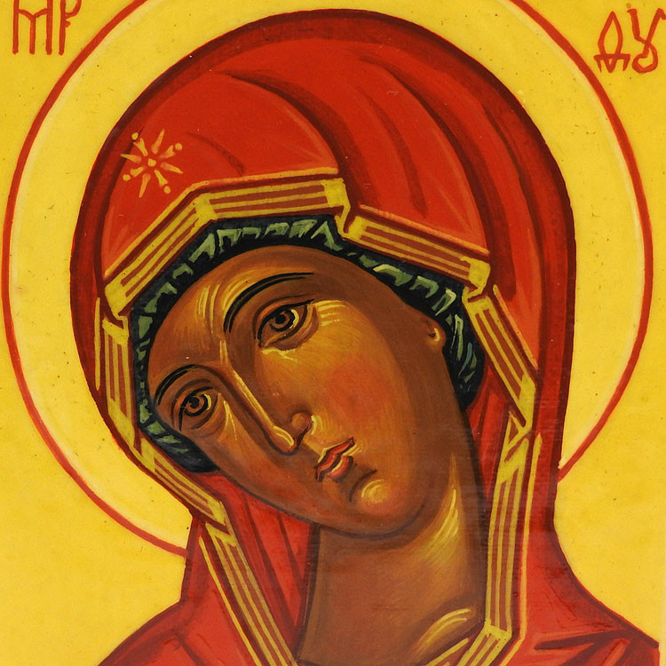 The Theotokos Ognevidnaya (Огневидная, or "Fire-Like"), first mentioned in historical documents in 1812 and added to the church calendar soon after, became widespread throughout the Russian Church. Its name derives from the fiery red hues of the Mother of God's face and garments. Another attribute for this image is that the Mother of God is turned to the left, thus representing a mirror image of the Byzantine original.  Inscriptions include: The Image of the Holy Mother of God, (Образ Преподобной Богородицы), Mother of God (to the left and right of Her halo, and "Fire-Like" (Огневидная).