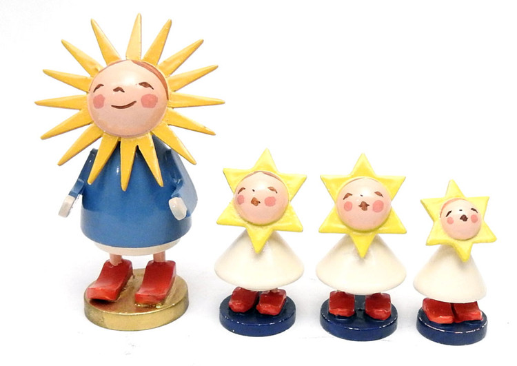 Sun with Her Star Children. Set of 4 painted wood figures, 1960s. In original condition with no alterations. W. Germany, Erzgebirge, Wendt & Kuhn.