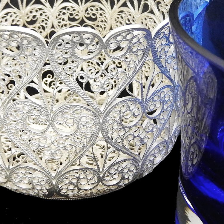 Russian filigree basket with cobalt glass insert