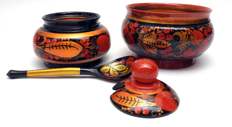 Serving Set (Сервировочный набор). Matching pieces with a strawberry motif. All fit together for storage. Golden-era Khokhloma with barcode and Semino factory label on bottom.