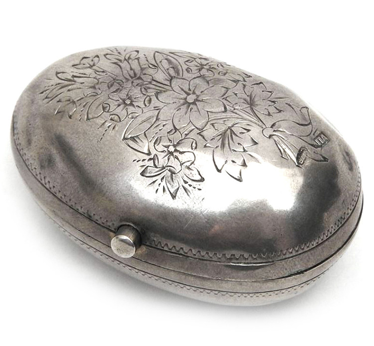 Antique Pre-Revolutionary Elegant Ladies' Coin Purse. Circa 1890-1908. 84 Russian silver with hallmarks. Small egg-shape with hand engraved floral design.