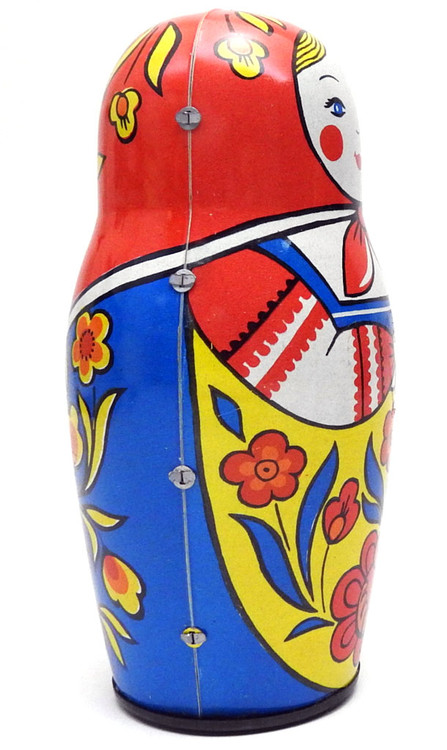 Mechanical Matryoshka (Механическая Матрешка). This entertaining Matryoshka spins one way and then the other, back and forth. Made in the Soviet Union pre-1991 at LZM (Leningradskiy Zavod Metalloizdeliy). Light blue color. With key.