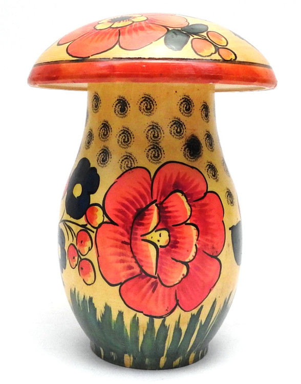 Mushroom Bank Box (Коробка в форме гриба). Neatly painted images are visible from four sides, plus the top. Made in Polkh Maidan, last quarter of the 20th century. Top comes off. Nicely painted and finished with a soft shiny lacquer.