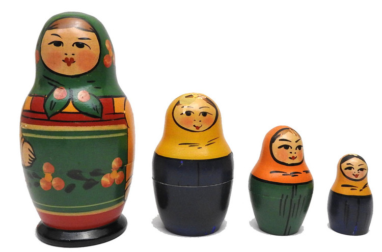 Zagorsk Matryoshka (Загорская Матрешка). Vintage 4-nest from early 1970s. Strong primary colors common in dolls from this period. In good condition with usual flaking and chipping that plagues Zagorks dolls. No retouching has been done. Purple backstamp with enough legible to indicate Zagorsk Factory No. 1.