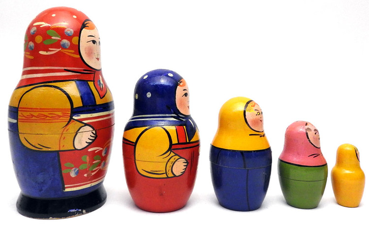 Zagorsk Matryoshka []1960s]. This is an early matryoshka doll and probably was made in the early to mid-1960s. The colors are still vibrant and the condition is fair (see below). One prominent feature of Russian nesting dolls in particular, and Russian applied art, in general, is that folk art made 75-100 years ago (as this doll was) appears as if it were made in even earlier times. This is due to the conditions and skills of production which changed little from the late 19th century up the the 1960s and 1970s. Dolls from before the start of the "tourist" era in the USSR - roughly early 1960s - are scarce.