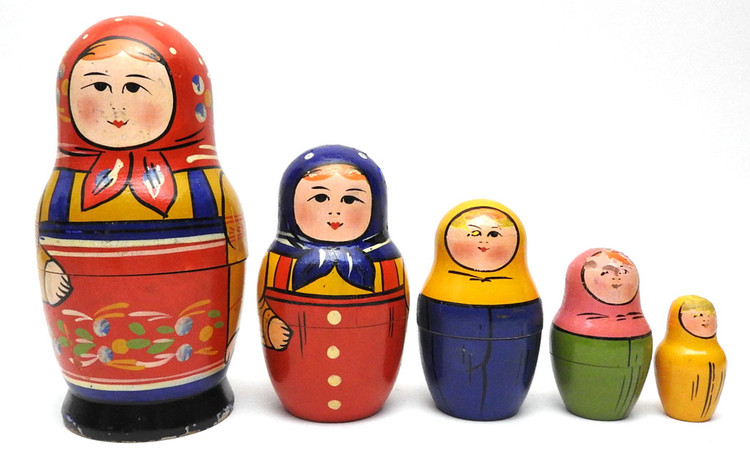 Zagorsk Matryoshka []1960s]. This is an early matryoshka doll and probably was made in the early to mid-1960s. The colors are still vibrant and the condition is fair (see below). One prominent feature of Russian nesting dolls in particular, and Russian applied art, in general, is that folk art made 75-100 years ago (as this doll was) appears as if it were made in even earlier times. This is due to the conditions and skills of production which changed little from the late 19th century up the the 1960s and 1970s. Dolls from before the start of the "tourist" era in the USSR - roughly early 1960s - are scarce.