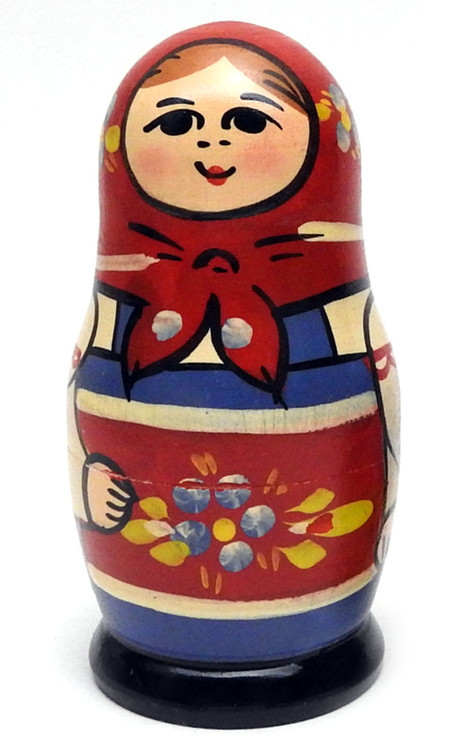 Zagorsk Matryoshka [1980s]. This cute matryoshka doll probably was made in the mid-1980s. The colors are still vibrant and the condition is very good. No retouching has been done on this set. 3 nest, 4¼ to 2".