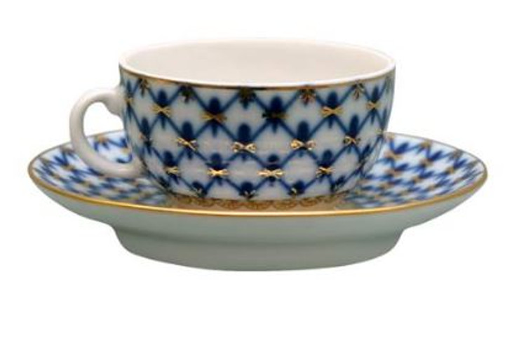 Cobalt Net Demi-Tasse (Mocha) Cup and Saucer.  One of the more unusual pieces from the Lomonosov porcelain cobalt net line. A miniature, fully decorated cup and saucer made for drinking very strong coffee. 1½" height, 3¾" diameter. Red ЛВЗ (LFZ) backstamp and "Made in Russia" in English.