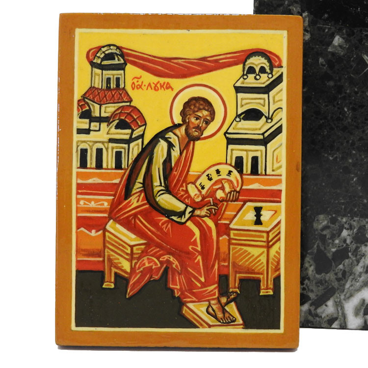 St. Luke is foremost known as the first iconographer. Tradition tells us that he painted the Mother and Child. He is also known as a physician. Small icon from Russia. Approximately 3"x4" Hand painted on wood. Only one.