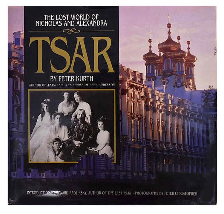 Tsar: The Lost World of Nicholas and Alexandra. Peter Kurth (text), Peter Christopher (photos).  MA (Boston): Little, Brown and Company, 1995. 229 pages. Stated first edition hardcover with an unclipped ($60) dustjacket in a clear protective jacket cover. Photo reproduction endpapers. Introduction by Edvard Radzinsky, acknowledgments, credits, bibliography.