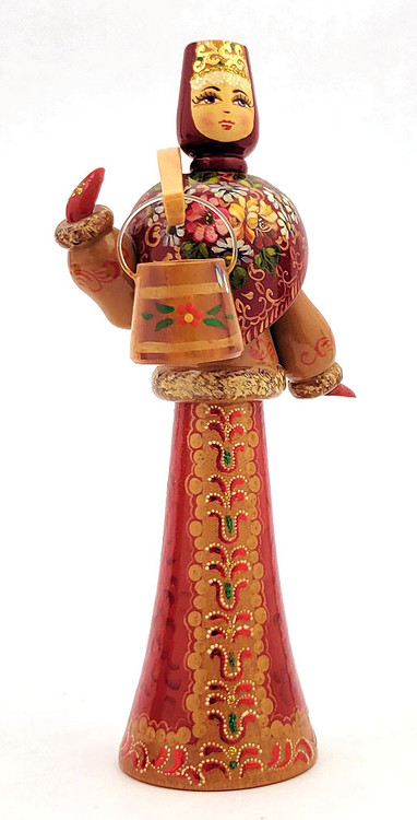 Maiden from Tver Carrying Buckets of Water. An elegantly dressed young girl carries two buckets of water using a bowed yoke. The piece is hand made from wood, fully painted and lacquered. The yoke is removeable and the buckets are as well. The artist's initials and a dedication to a young girl is written in Russian inside the bottom of the piece. Lots of fine detail in this uncommon example of Tver folk art. Maiden from Tver Carrying Buckets of Water. An elegantly dressed young girl carries two buckets of water using a bowed yoke. The piece is hand made from wood, fully painted and lacquered. The yoke is removeable and the buckets are as well. The artist's initials and a dedication to a young girl is written in Russian inside the bottom of the piece. Lots of fine detail in this uncommon example of Tver folk art.