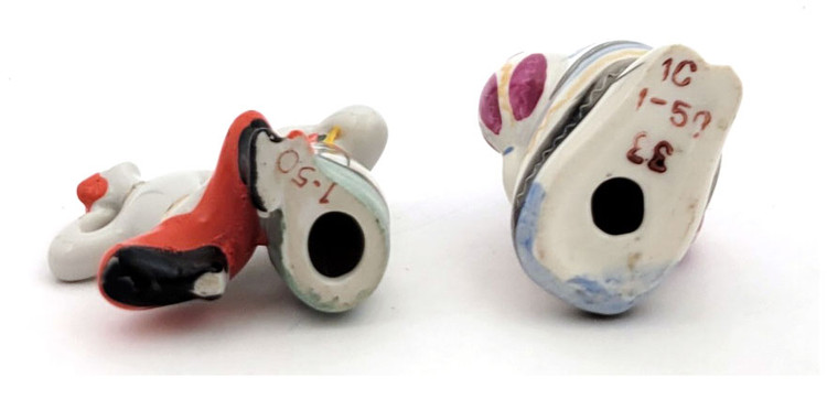 Marisha, Girl with Flowers (2¾" in height), Kiev Experimental Art Ceramics Factory (Kiev ECC) and Hopak (2½" height and width), made in Polonne ZHK (Polonsky Art Ceramics Factory). Mid-20th century. Made for the domestic market, marked with state control prices. Both in about fine condition, minor signs of wear, no cracks or chips. Marisha, Girl with Flowers (2¾" in height), Kiev Experimental Art Ceramics Factory (Kiev ECC) and Hopak (2½" height and width), made in Polonne ZHK (Polonsky Art Ceramics Factory). Mid-20th century. Made for the domestic market, marked with state control prices. Both in about fine condition, minor signs of wear, no cracks or chips.