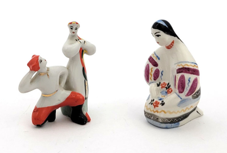 Marisha, Girl with Flowers (2¾" in height), Kiev Experimental Art Ceramics Factory (Kiev ECC) and Hopak (2½" height and width), made in Polonne ZHK (Polonsky Art Ceramics Factory). Mid-20th century. Made for the domestic market, marked with state control prices. Both in about fine condition, minor signs of wear, no cracks or chips. Marisha, Girl with Flowers (2¾" in height), Kiev Experimental Art Ceramics Factory (Kiev ECC) and Hopak (2½" height and width), made in Polonne ZHK (Polonsky Art Ceramics Factory). Mid-20th century. Made for the domestic market, marked with state control prices. Both in about fine condition, minor signs of wear, no cracks or chips.
