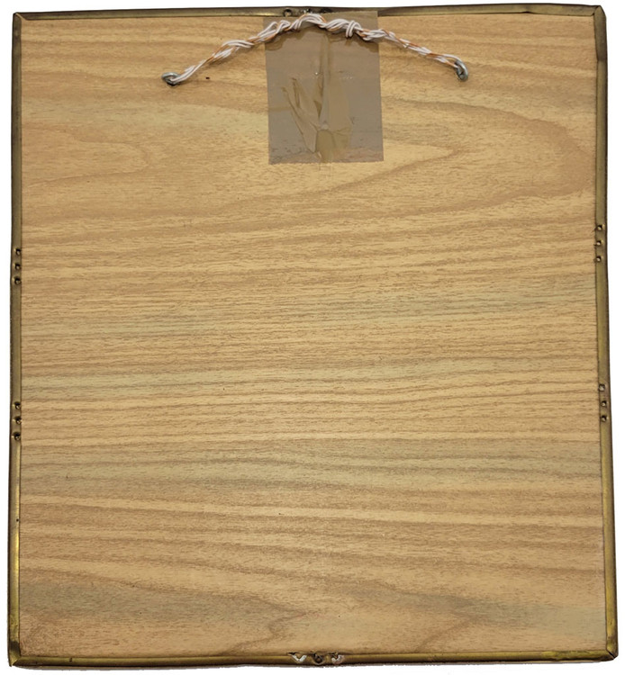 "Frog Princess" ("Царевна Лягушка"). The three Tsarevich brothers fire their arrows in three different directions. Fired enamel panel on chased copper, including elaborate chased and repousse metalwork. Both the top and the bottom of the panel have additional chasing of a church skyline and the frog in the pond on a lily pad holding the consequential arrow. Cloth covered wood back. Moscow, c. 1978-84. 10¼" x 12¼".