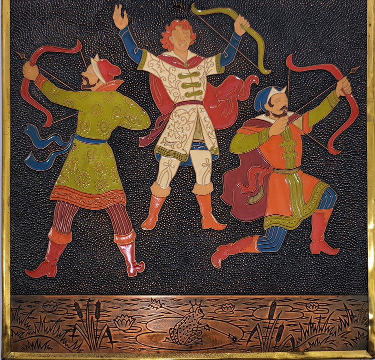 "Frog Princess" ("Царевна Лягушка"). The three Tsarevich brothers fire their arrows in three different directions. Fired enamel panel on chased copper, including elaborate chased and repousse metalwork. Both the top and the bottom of the panel have additional chasing of a church skyline and the frog in the pond on a lily pad holding the consequential arrow. Cloth covered wood back. Moscow, c. 1978-84. 10¼" x 12¼".