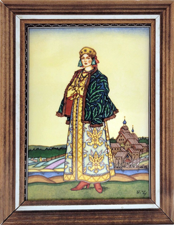Tatjana (Tatiana) Porzellanbild (Porcelain picture). Original by the Russian artist and illustrator Boris Zworykin. From the "Russian Beauty" collection circa 1900 and credited to his illustrations for Boris Godunov. Porcelain tile was made by Villeroy & Boch in West Germany. In the walnut frame designed especially for the tile. Tatjana (Tatiana) Porzellanbild (Porcelain picture). Original by the Russian artist and illustrator Boris Zworykin. From the "Russian Beauty" collection circa 1900 and credited to his illustrations for Boris Godunov. Porcelain tile was made by Villeroy & Boch in West Germany. In the walnut frame designed especially for the tile.