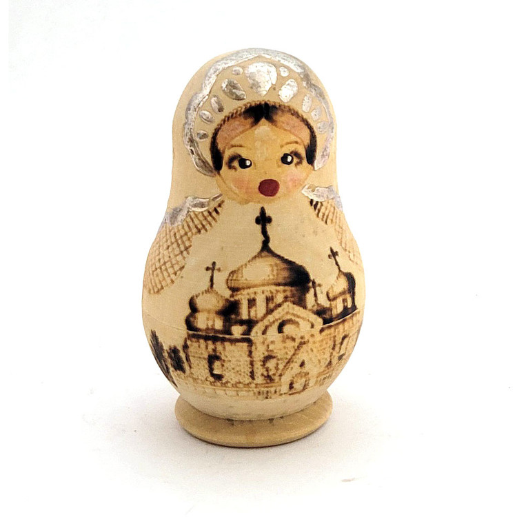 Sergiev Posad Miniature "Churches" Matryoshka. A late 90s set that still retains some of the exquisite attention to detail from the time period. A lot going on in a small space. Wood burnt outlines, potal enhancements (gold foil that imitates gilding) and paints. By an anonymous artist. 3½" down to 1".