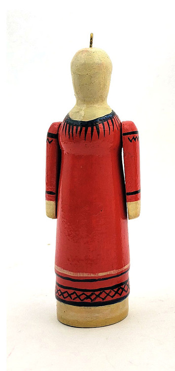 Village Woman (Деревенская женщина). Russian villager in a red winter coat with white trim and a white shawl with black fringe. Hand made and painted wooden ornament. 5" in height. Made in Russia about 25 years ago.