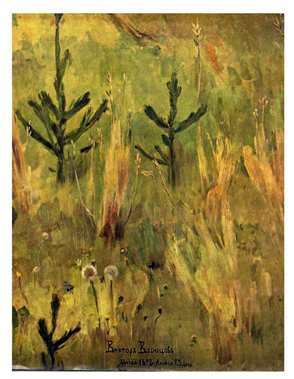 Victor Vasnetsov. Victor Mikhailovich Vasnetsov (1848–1926) is one of Russia's finest painters and draughtsman who specialised in mythological and historical subjects. He is considered a co-founder of Russian folklorist and romantic nationalistic painting and key in the Russian Revivalist movement. Among the many of his works, several stand out, including The Knight at the Crossroads (1878), The Bogatyrs (1898), Ivan Tsarevich riding the Gray Wolf (1889), and Alyonushka (1881). Some of his other accomplishments include working on the mosaics for the Alexander Nevsky Cathedral, Warsaw; he was also involved in the design of the Alexander Nevsky Cathedral in Moscow. In 1912, he was given a noble title by Czar Nicholas II. In 1914, he designed a revenue stamp intended for voluntary collection for victims of World War I.  USSR (Leningrad): Aurora Art Publishers, 1979. English text. 131 pages.