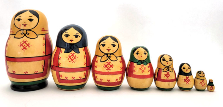 Yoshkar Ola Matryoshka, 8 nest. Yoshkar-Ola (sometimes Yoscar-Ola) is the capital of the Mari El Republic in western Russia. The name literally means Red City in the language of the Mari. These dolls were sometimes referred to as Marijaha dolls. One feature of these sets is the lack of flowers. The dolls are tightly nested and painted in bright, primary colors. This one is 8-nested and was made in the 1980s. 5" down to around ½".