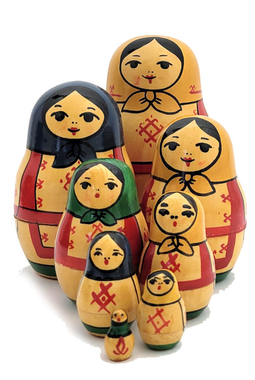Yoshkar Ola Matryoshka, 8 nest. Yoshkar-Ola (sometimes Yoscar-Ola) is the capital of the Mari El Republic in western Russia. The name literally means Red City in the language of the Mari. These dolls were sometimes referred to as Marijaha dolls. One feature of these sets is the lack of flowers. The dolls are tightly nested and painted in bright, primary colors. This one is 8-nested and was made in the 1980s. 5" down to around ½".